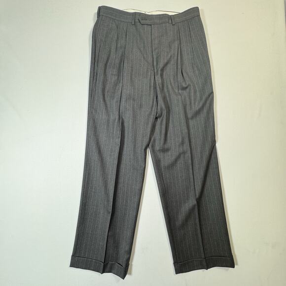 Lauren Ralph Lauren Gray Pinstripe Dress Pants 34x30 Pleated Cuffed Wool Blend - Picture 1 of 8
